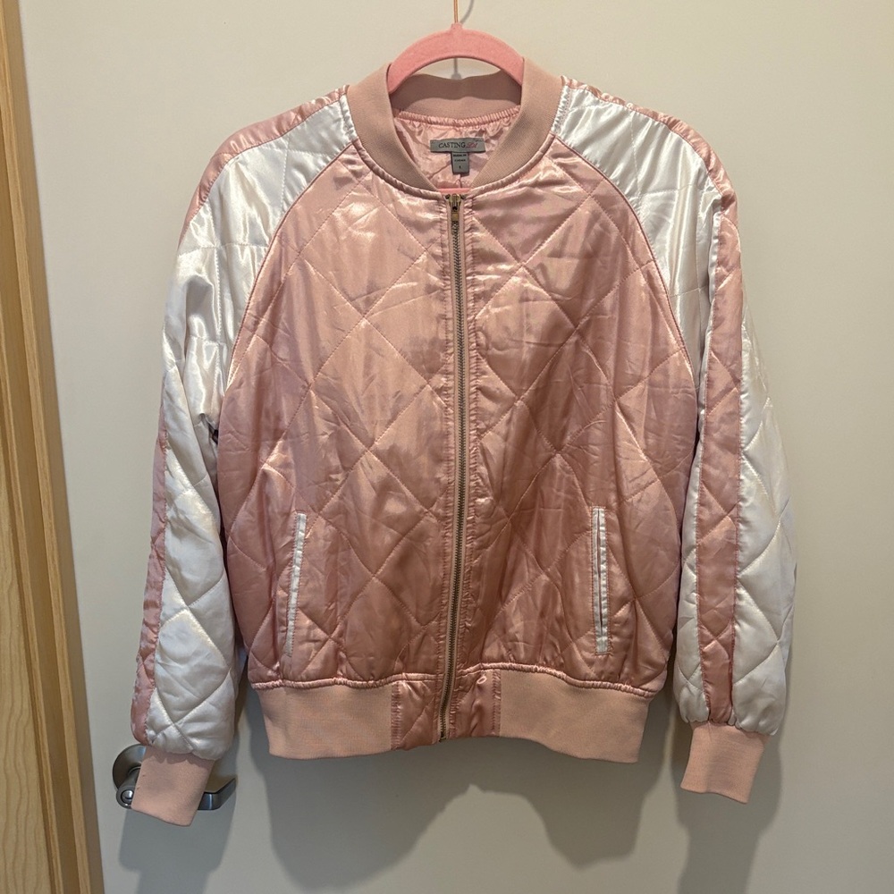 Pink and White Quilted Bomber Jacket